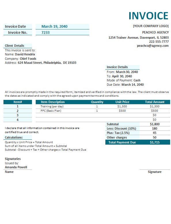 Free Agency Invoice Template PSD template